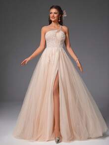 VIPGIRL Elegant Apricot Asymmetric Neckline Beaded Sheer Formal Gown, A-Line High Slit Evening Dress, Dreamy Formal Ball Gown, Mesh Graduation Party Dress, Women's Formal Attire, Long Formal Dress, Suitable For Wedding Guests - Apricot - View 5