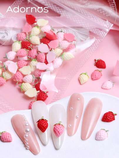 50Pcs Strawberry Nail Art Charms Fruits Strawberry Resin Assessories For Manicure Decorations Mixed Pink Red Strawberry Nails Design Nail Supplies Nails Nail Gems