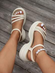 Women Summer New Platform Wedge Sandals, Thick Sole Increase Height Slimming Classic Versatile Half-Toe Beach Holiday Shoes, Crystal Decor Pearl Slides Mules