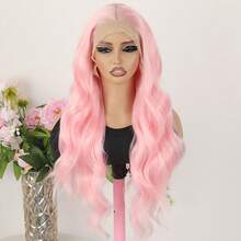 28 Inch Pink Lace Front Wigs For Women 13X6 Curly Wave Glueless Wigs Pre-Plucked Hairline 180% Density Free Part Loose Curly Lace Wigs Comfortable Suitable For Daily Wear & Special Occasions Wig - 粉色 - 查看 3