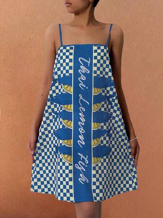 海洋星光夏季波西米亚风休闲度假时尚沙滩女士柠檬鱼字母双色格子印花吊带短裙毕业礼服