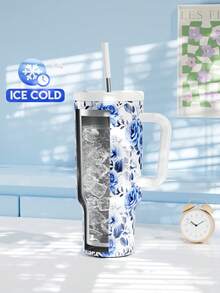 40oz Handled Straw Insulated Tumbler, Vacuum Insulated Water Bottle With Straw Lid, Stainless Steel Insulated Travel Mug, 100% Leak Proof, 34 Hours Cold Retention (Blue Rose) - White - View 3
