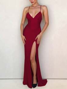 Elisanya 女士纯色交叉带高开衩露背长款紧身优雅性感派对礼服舞会晚礼服 - 酒紅色 - 查看 6