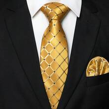 1/2/3/4/5 件男士金色格子真丝领带套装，格纹缎面真丝领带，口袋巾，袖扣，银色领带夹和各种别针（星星，飞机，音符，闪电），男士的理想礼物，适用于婚礼，商务，正式，约会之夜，宴会，婚纱摄影，毕业典礼 - 金色 - 查看 8