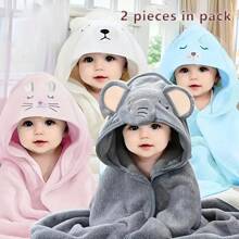 2pcs Set Baby Hooded Animal Face Capes, Unisex Infant Unique Animal Design, Super Soft Towels, All Season, Toddler Plush Cartoon Bathroom Products Wrapping Shawl, Multipurpose As Swaddle, Blanket, Stroller Canopy, Beach Towel, Baby Gift