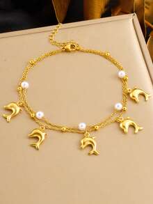 1pc Beach Holiday Ocean Style Sea Shell, Starfish & Tropical Fish Charm Stainless Steel Anklet, Suitable As Festival Gift For Women