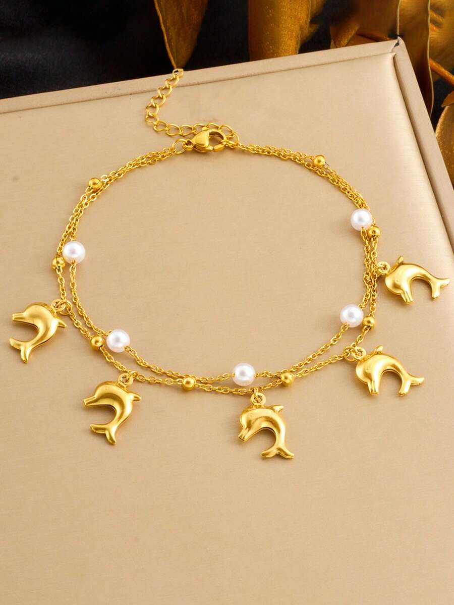 1pc Beach Holiday Ocean Style Sea Shell, Starfish & Tropical Fish Charm Stainless Steel Anklet, Suitable As Festival Gift For Women