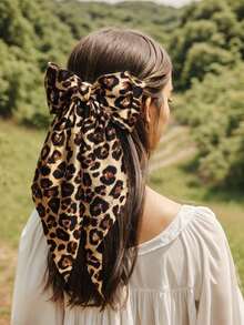 1pc Leopard Print Satin Bow Long Streamer Hair Clip Hair Accessory - Camel - View 3