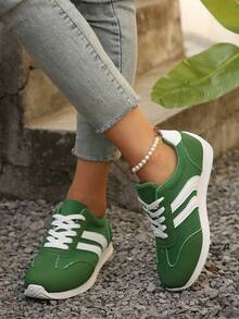 2025 Women Casual Versatile Lightweight Non-Slip Lace-Up Sporty Sneakers, College Style - Green - View 2