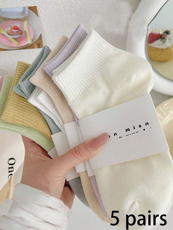 5 Pairs Assorted Solid Color Ankle Socks For Women, Macaroon Shades, Versatile, Minimalist Short Crew Socks, Suitable For School, Sports,