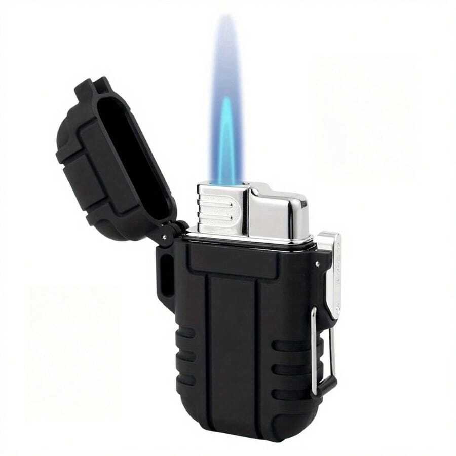 Windproof Blue Flame Lighter, Outdoor Torch With Safety Lock, Adjustable Jet Flame, Refillable Butane Gas Lighter For BBQ, Fireplace, And Candle Lighting (Butane Gas Not Included) - Black - View 1