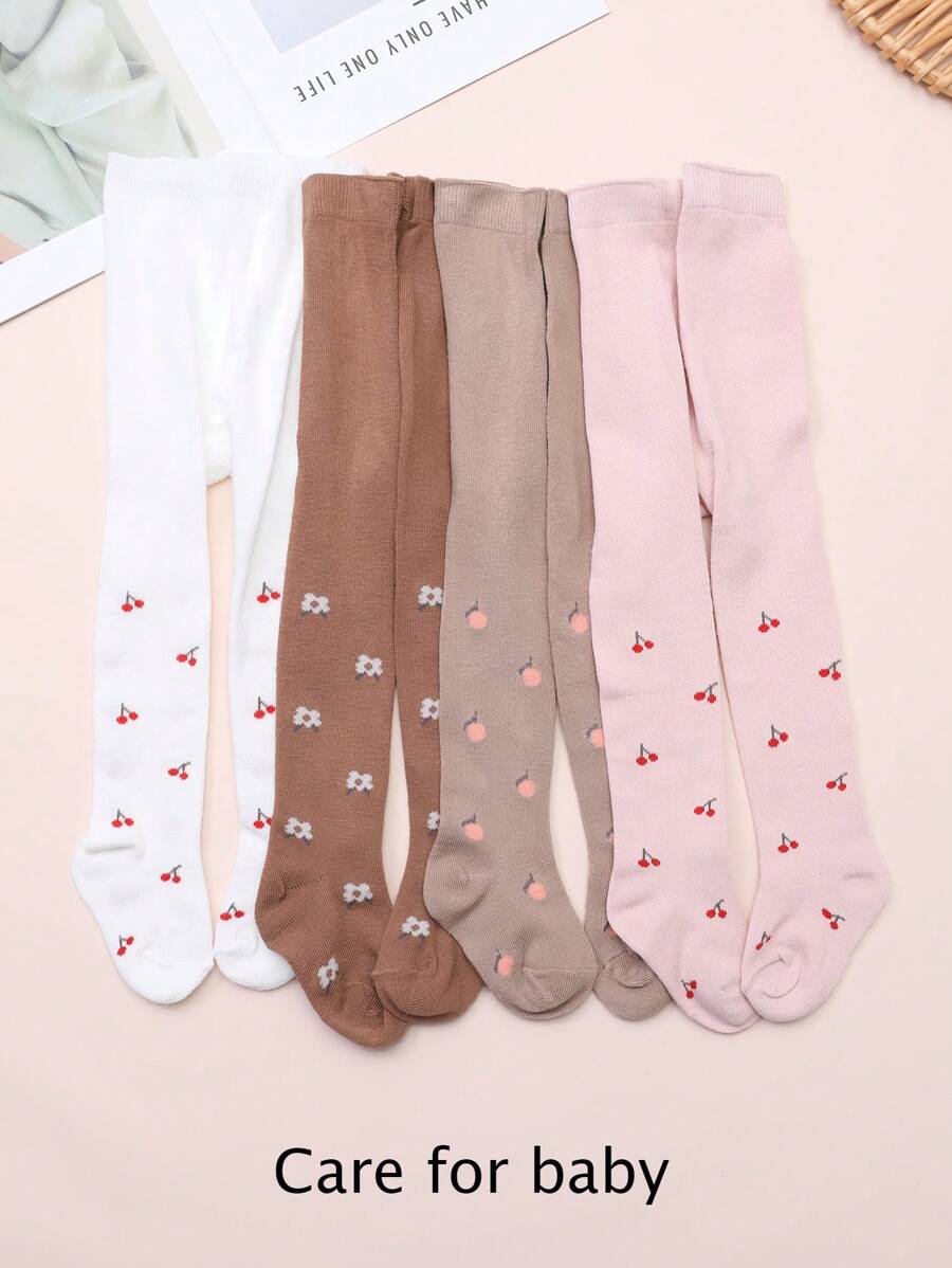 4pcs Girls' Printed Stirrup Tights, Suitable For Spring And Autumn