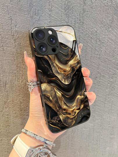 1pc Minimalist Golden Gradient Line Splice Pattern High-Definition Tempered Glass Phone Case, Compatible With Apple 16 Pro Max/15/14 Plus/13/12/11/XR/8P And Galaxy S25/S24/S23 Ultra/S22/S20/Note20/Note10/A56/A53/A34/A14/A11/A05/A03S