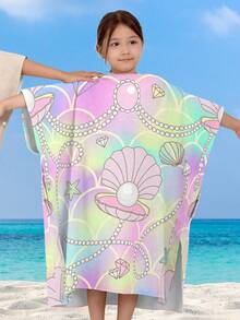 1pc Ultra-Soft Fiber Cute Mermaid & Shell Cartoon Print Kids Hooded Cloak, Children Beach Bath Towel, Waterabsorbent Warm Wrap For Swimming, Beach, Shower, Multi-Use
