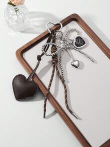 1pc Y2K Luxury Gothic Style Handmade Beaded Silver CCB Bow Drop Oil Leather Heart Woven Rope DIY Keychain Bag Pendant Suitable For Women Daily Wear Or Gift Bows - Coffee Brown - View 3