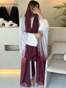 1pc Plain Simple Elastic Cuff Sleeve Middle Eastern Style Long Dress Abaya - Red and White - View 1