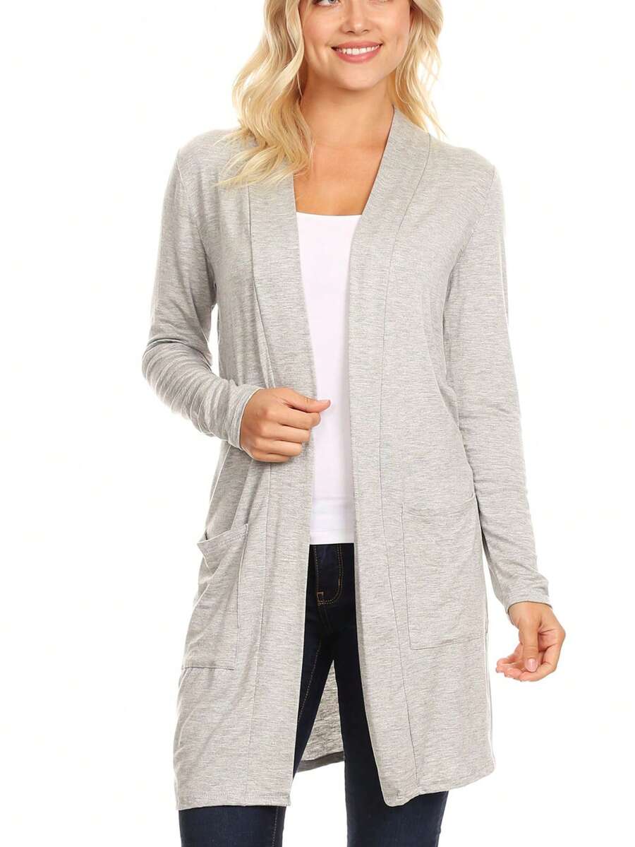 Classic Open Front Long Sleeve Cardigan With Side Pockets Plain Casual Pocket Daily - 希瑟.格雷 - 查看 1