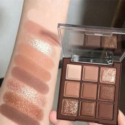 Paleta de sombras de ojos de 9 colores de tonos tierra neutros de chocolate con leche, maquillaje ligero, brillo y purpurina, herramientas de maquillaje de ojos