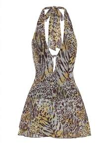 Women Halter Low Neck Mini Dress Sexy Cutout Sleeveless Boho Short Dresses Open Back Night Party Going Out Sundress - 棕色 - 查看 6