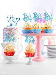 12 piezas - Placas para cupcakes "¡Es un niño!" con bigote y brillo para decorar pasteles de baby shower o fiestas de revelación del género del bebé - Azul - Ver 2