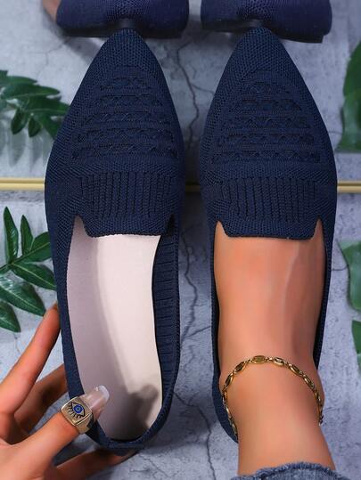2025 秋季女式尖头一脚蹬针织条纹平底鞋，纯色波西米亚时尚休闲舒适户外可爱罗纹平底鞋，适合度假、派对、居家、办公室、户外、所有季节