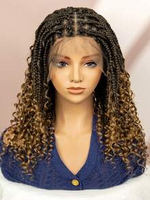 无结盒状编织假发，末端卷曲，合成全蕾丝编织假发，短款波西米亚风编织高温纤维，度假风格