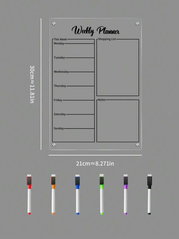 Set de tableau de planificateur hebdomadaire magnétique transparent en acrylique, bloc-notes magnétique effaçable pour le réfrigérateur (avec 6 marqueurs de tableau blanc de couleur aléatoire inclus)
