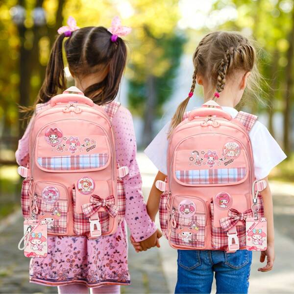Sanrio [Authorized]Backpack For Girls With Accessories - Anime Melody Schoolbag Cartoon Backpack Laptop Bookbags Anti-Theft Travel Aesthetic New Semester Gifts Bag With Pins, ID Badge Holder, Stationery School Supplies, Back To School