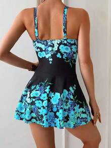 优雅花卉连体泳衣，带收腹裙摆和可拆卸胸垫 - 高弹面料，方领，黑色底蓝色花卉印花，扭结细节，女士泳装，沙滩必备 | 优雅泳衣 | 光滑面料 - 彩色 - 查看 2