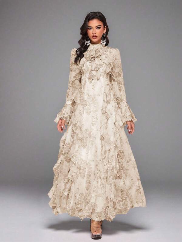 Women's Plant Print Flounce Trim Dress, Elegant & Stylish, Formal, Party Dress, Gown, For Evening, Wedding Guest