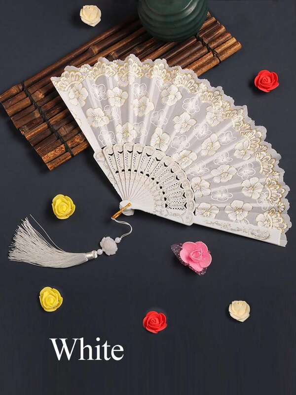 1/2pcs Handheld Folding Fan Retro Lace Decorative Hand Fan,With Faux White Jade Lotus Tassels,Lace And Vintage Style,Graceful And Elegant,Handmade Craft Tassels For Bookmarks,Women's Lace Folding Fan,Flower Pattern Fan,Foldable Fashion Accessories And Gifts For Wedding Party,Halloween Valentine's Day,And Performance, Best Gifts Birthday Graduation