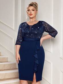 Plus Deep V-Neck Sequin Floral Lace Contrast Ruffle Trim Split Hem Evening Party Bodycon Dress, Semi Formal Wedding Guest Dress, For Birthday, Graduation, Dinner, Homecoming - Navy Blue - View 5