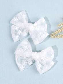 2pcs Girls Mesh Bow Hair Clips, Solid White Hair Bows For Girls, Elegant Flower Hairpins, For Daily And Holiday, Hair Accessories