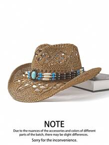 1pc Zirconia Chain Decor Breathable Hollow Out Cowboy Hat, Unisex Fashion Personalized Summer Sun Hat, Suitable For Beach, Vacation, Daily Wear