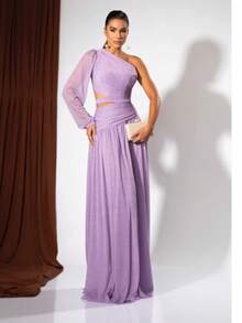 Long Dress For Bridesmaids Wedding Graduation One Sleeve Elegant - Lilac With Shine - View 1