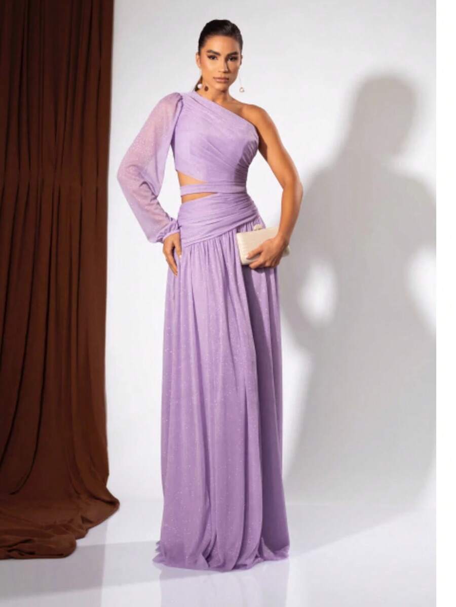 Long Dress For Bridesmaids Wedding Graduation One Sleeve Elegant - Lilac With Shine - View 1