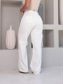 Calça Jeans Feminina Wide Leg Cintura Alta Cós Alto Valoriza Bumbum 36 ao 46 - Bege Claro - Visão 2