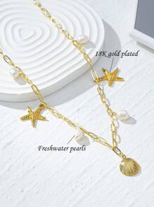 1 peça colar de conchas, estrelas do mar, nó de bambu e pérolas de água doce banhado a ouro 18K, corrente delicada para clavícula com tema marinho criativo