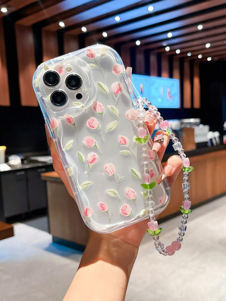 1pc Minimalist Tulip Flower Shockproof Phone Case With Fashionable Heart-Shaped Lanyard, Compatible With Apple 11 12 13 14 15 Pro Max/13 Pro Max XR XS 16 16 Pro Max And A54 5G, A52, A14, A15, A12, S22, S21 Series, Great For Valentine's Day Gift Waterproof Anti-Fall Scratch Resistant - Multicolor - View 1