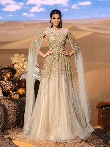 Faeriesty 华丽奢华的珠饰亮片长款晚礼服，配以引人注目的薄纱袖和束腰设计，适合正式晚宴、派对、婚礼等场合，尽显优雅气质。 - 香檳色 - 查看 3