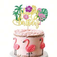 1 pièce Flamant rose Joyeux anniversaire décoration de gâteau Paillettes Flamant rose Décoration de gâteau Palmier Tortue Feuille Fleur Pique-cake Flamant rose pour Tropical Hawaïen Luau Fête d'anniversaire Fournitures de décoration de gâteau