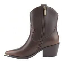 BELOVELY[EVERYWHERE-5]Western Cowgirl Ankle Leather Boots With Metal Pointed Toe Chunky Low Heel Side Zipper Pull-On Boots - 棕色 - 查看 5
