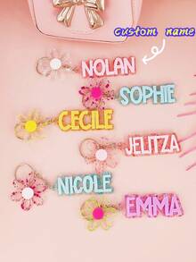 1 pieza Llavero personalizado de acrílico con nombre y flor de colores, recuerdos de fiesta de cumpleaños, regalo personalizado para la niña de las flores, etiqueta de mochila con nombre para niña, dijes de a juego, etiqueta de bolso de acrílico - Llavero de acero + anilla de cadena de 4 eslabones - Ver 2