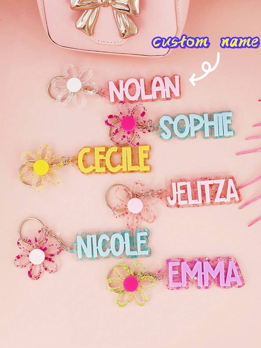 1 pieza Llavero personalizado de acrílico con nombre y flor de colores, recuerdos de fiesta de cumpleaños, regalo personalizado para la niña de las flores, etiqueta de mochila con nombre para niña, dijes de a juego, etiqueta de bolso de acrílico