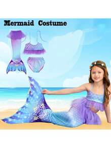3 Pcs Mermaid Costume,Mermaid Tail For Girls Role-Play,Children Beach/ Pool Swimsuit , Princess Dress Bikini Bathing Costume,No Flippers
