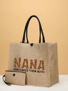 2pcs/Set Linen Letter Print Travel Tote Bag - Khaki - View 1