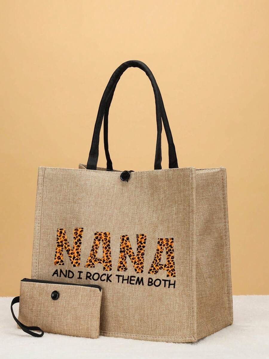 2pcs/Set Linen Letter Print Travel Tote Bag - Khaki - View 1