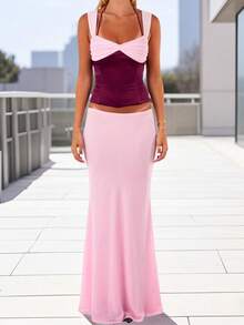 Women 2-Piece Summer Outfits Contrast Colors Tie Up Back Ruched Tank Tops And Long Skirt Set For Streetwear - 粉色 - 查看 2