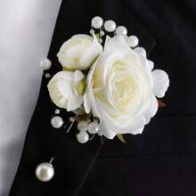 1pc Unisex Elegant Beige Rose & Pink Rose Bud Pearl Brooch, Suitable For Groom, Bride, Groomsman, Bridesmaid, Wedding, Prom, Party, Banquet