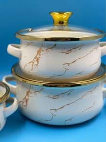 3 piezas Ollas esmaltadas de 12-16 pulgadas con borde dorado/plateado y floral, ollas esmaltadas para hervir café, leche, con doble asa y tapas. Olla esmaltada para cocinar en la cocina, adecuada para estufas de gas y placas de inducción